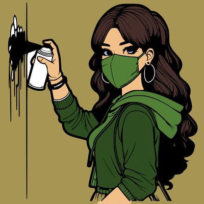 realistic girl with mask spray painting a wall