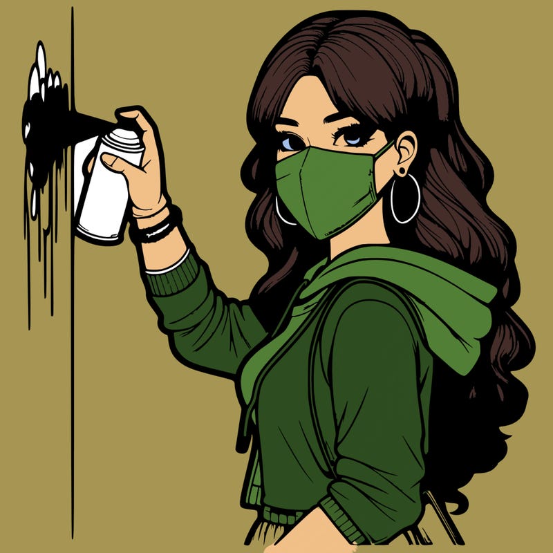 realistic girl with mask spray painting a wall