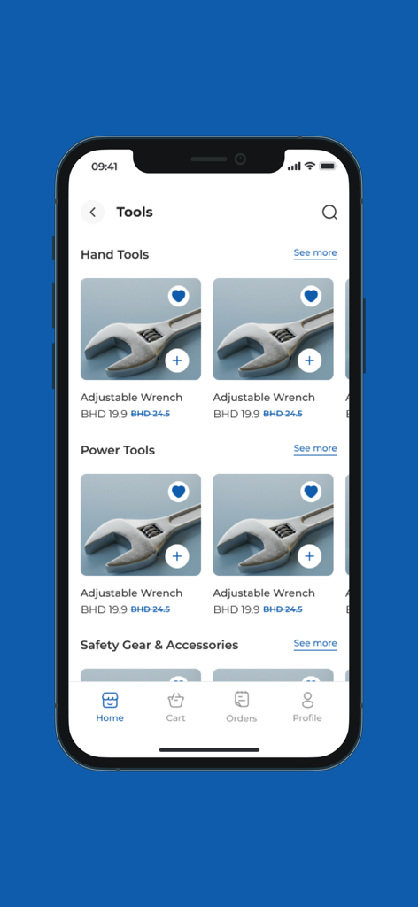 BIM-APP - A mobile screen showing the BIM-APP tools category with hand tools and power tools catalog and navigation menu.