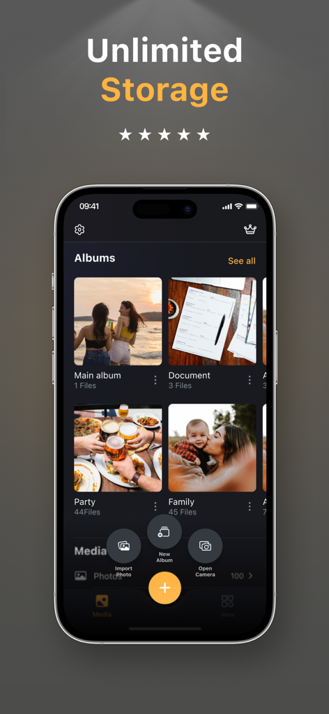 Photo Vault & App Lock - PicX - Interfaz de la app PicX mostrando álbumes de fotos organizados y función de almacenamiento ilimitado