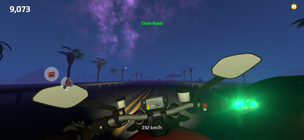Motorush - Traffic Rider - First-person view of a high-speed motorcycle race at night with a purple starry sky
