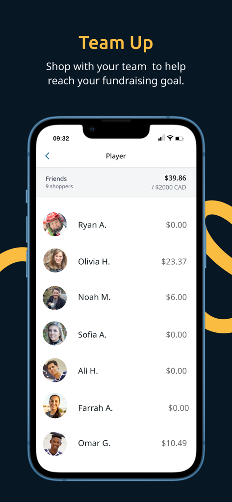 FlipGive Shop app interface displaying team member contributions and fundraising progress