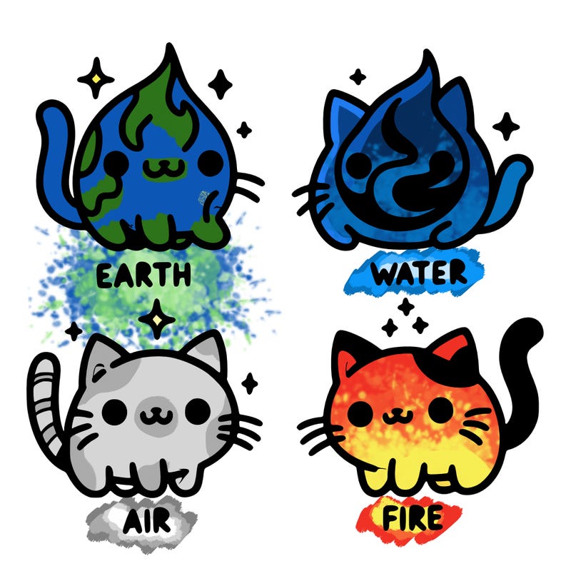 4 cats that represent the different elements, earth, water, air, and fire