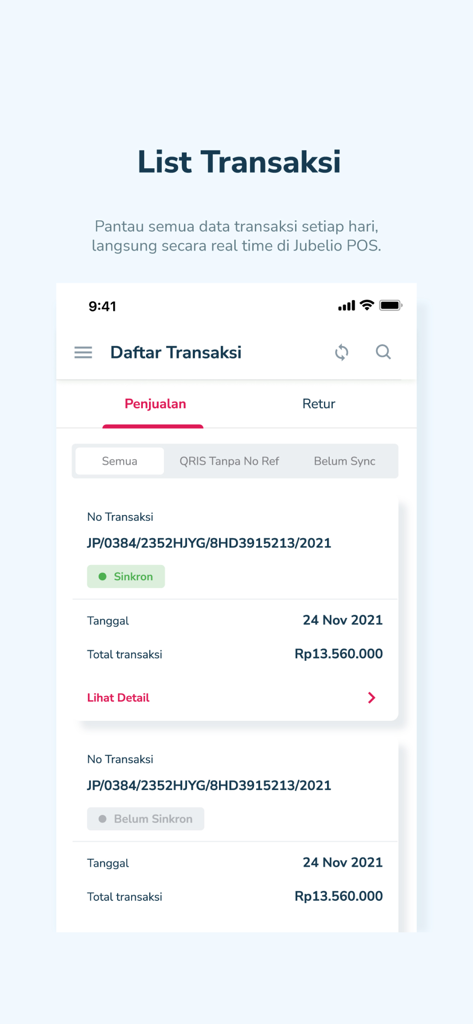 Jubelio POS - Interface of the Jubelio POS app displaying a list of sales transactions with date and synchronization status