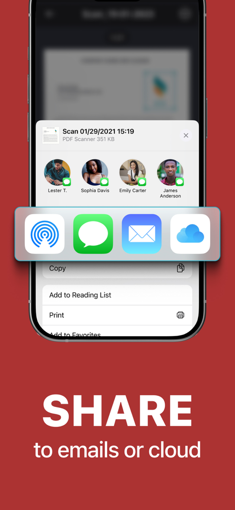 PDF Scanner & Document Editor - Capture d'écran iPhone montrant les options de partage de documents par e-mail et services cloud dans l'application PDF Scanner.
