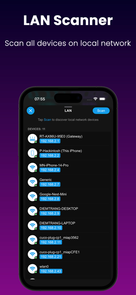 LAN Scanner interface listing devices and IP addresses on a local network.