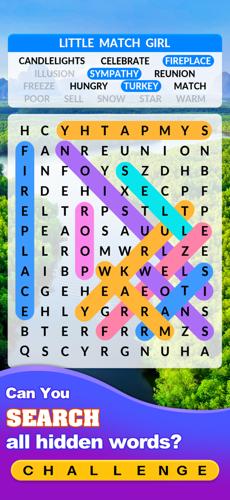 Word Search Master! - Um quebra-cabeça de busca de palavras colorido no aplicativo Word Search Master com um fundo de paisagem natural