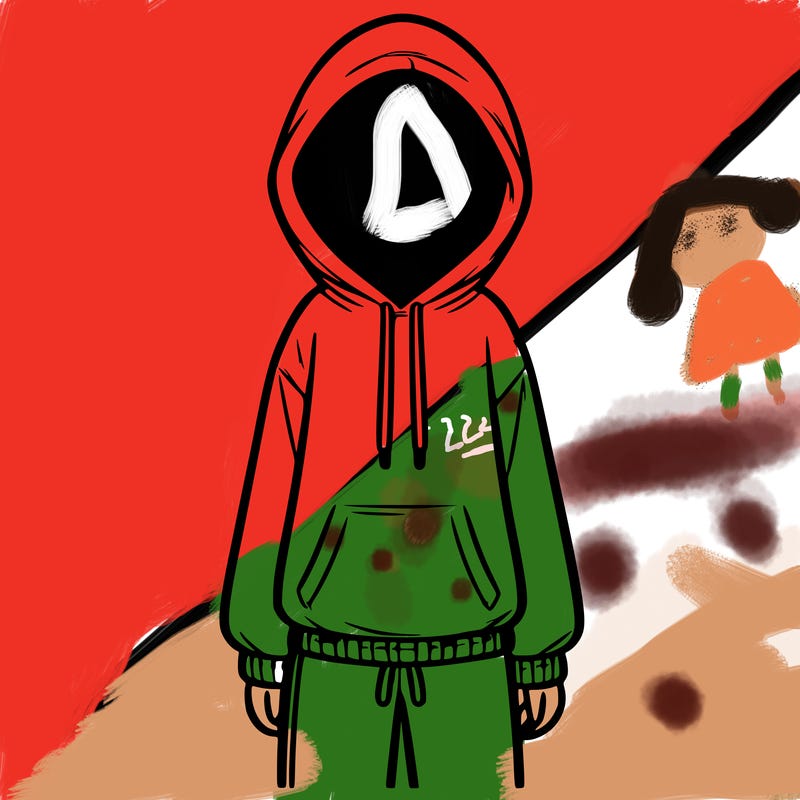 faceless girl in a tracksuit with a hood on and no hair