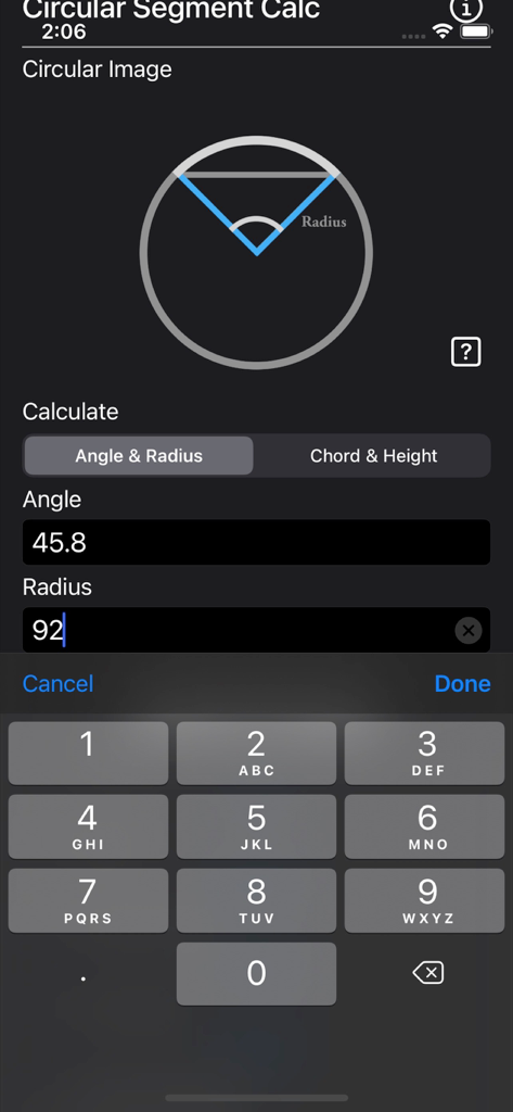 Circular Segment Calculator - Interface of the Circular Segment Calculator app showing angle and radius input fields with a geometric reference diagram.
