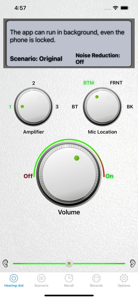 Interface do aplicativo de Aparelho Auditivo com botões de volume, níveis do amplificador e localização do microfone.