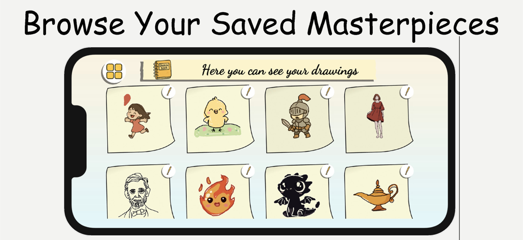 ArtLoop: How To Draw Lessons - Une vue de galerie dans l'application ArtLoop présentant divers dessins enregistrés par les utilisateurs, y compris un poussin, un chevalier et un dragon