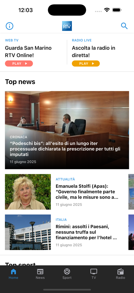 San Marino RTV - Tela inicial do aplicativo móvel San Marino RTV com as principais notícias e opções de transmissão de mídia ao vivo