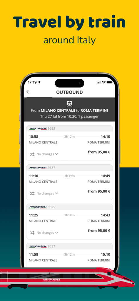 Wetaxi - All in one - Wetaxi app interface showing train ticket options for Trenitalia Frecciarossa between Milan and Rome
