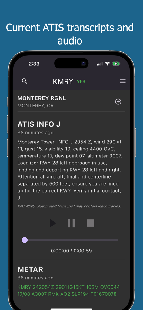 ATIS Relay - ATIS Relay app showing KMRY airport ATIS transcript and audio player