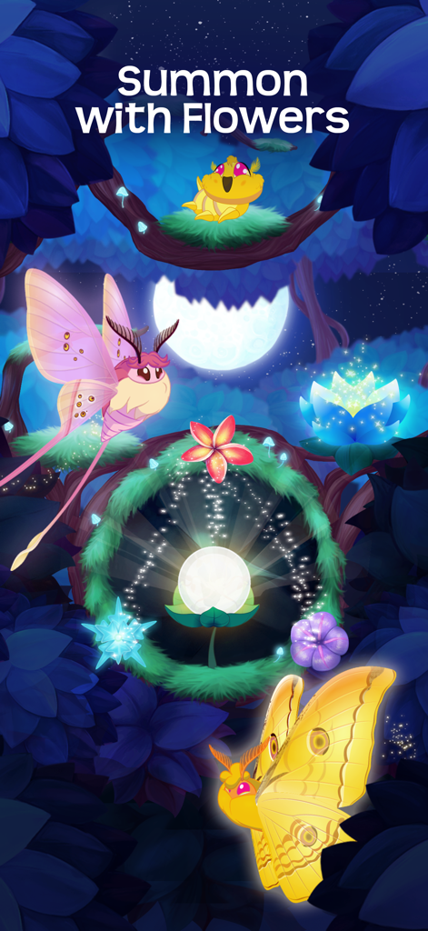 Flutter Starlight — Cozy Game - 光る花で色とりどりの蛾が召喚されている、Flutter Starlightの魔法の月明かりの森のシーン