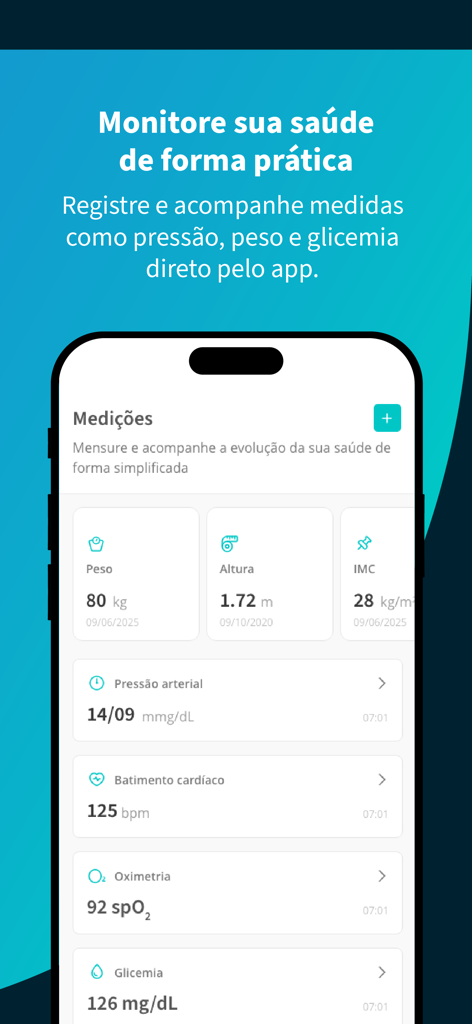 Médico24hs - Teleconsulta - Pantalla de monitorización de la salud de la aplicación Médico24hs que muestra las mediciones del paciente de peso y presión arterial