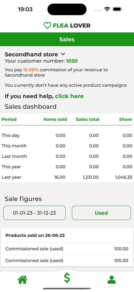 Flea Lover - Screenshot of the Flea Lover app sales dashboard showing items sold and total earnings for a consignment store seller