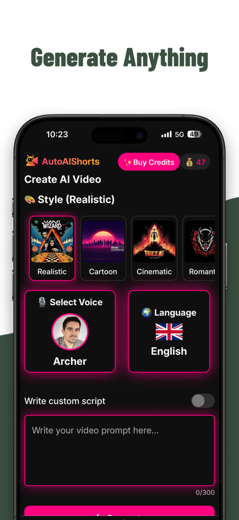 AI Video Maker : AutoAIShorts - Interface of AutoAI Shorts app showing video style selection, voice options, and prompt input