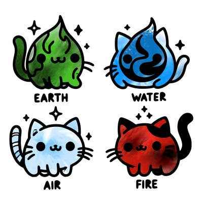 4 cats that represent the different elements, earth, water, air, and fire