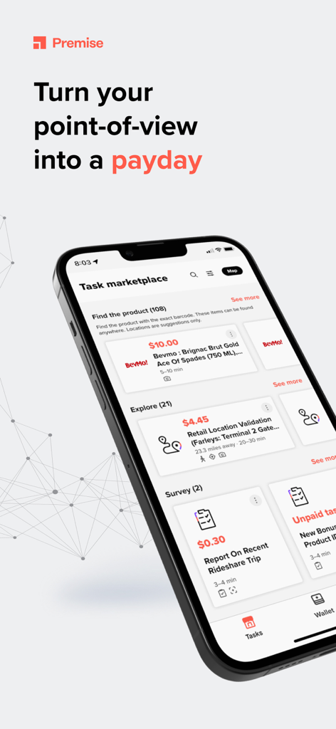 Schermata di uno smartphone che mostra il marketplace dell'app Premise con attività come trovare prodotti e rispondere a sondaggi per guadagnare denaro.