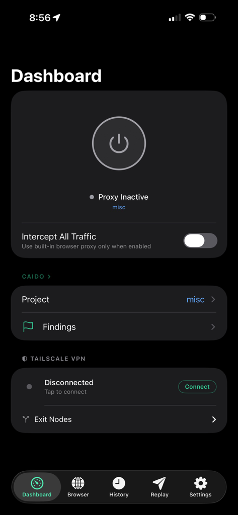 Mitmo - Dashboard of Mitmo app with proxy and VPN settings