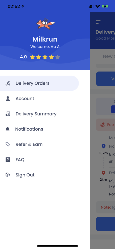 MilkRun app side navigation menu showing rider options like delivery orders and account settings.