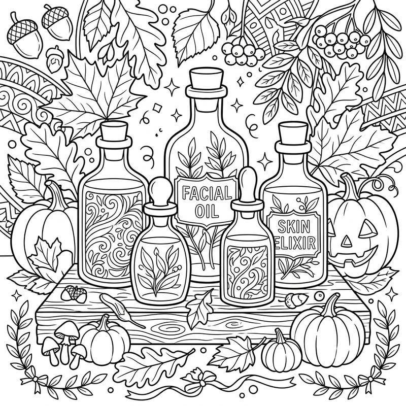 Delight in the beauty of the harvest season with this unique coloring page featuring elegant facial oil bottles amidst a rich autumn backdrop. Perfect for those who love skincare, fall aesthetics, and detailed coloring.