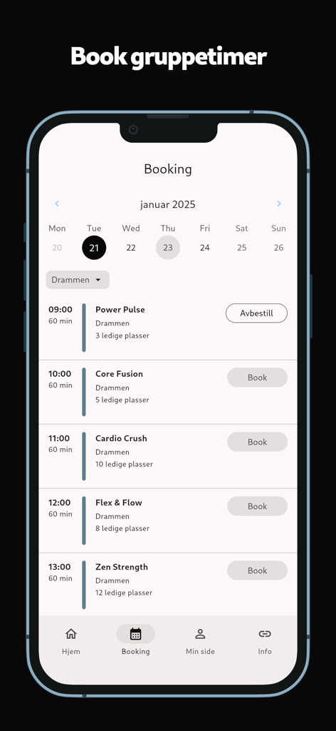 Adrenalin - Écran de smartphone montrant l'interface de l'application Adrenalin pour réserver des cours de fitness collectifs et consulter le programme hebdomadaire