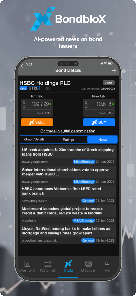 BondbloX app interface showing HSBC bond details market prices and AI powered news feed
