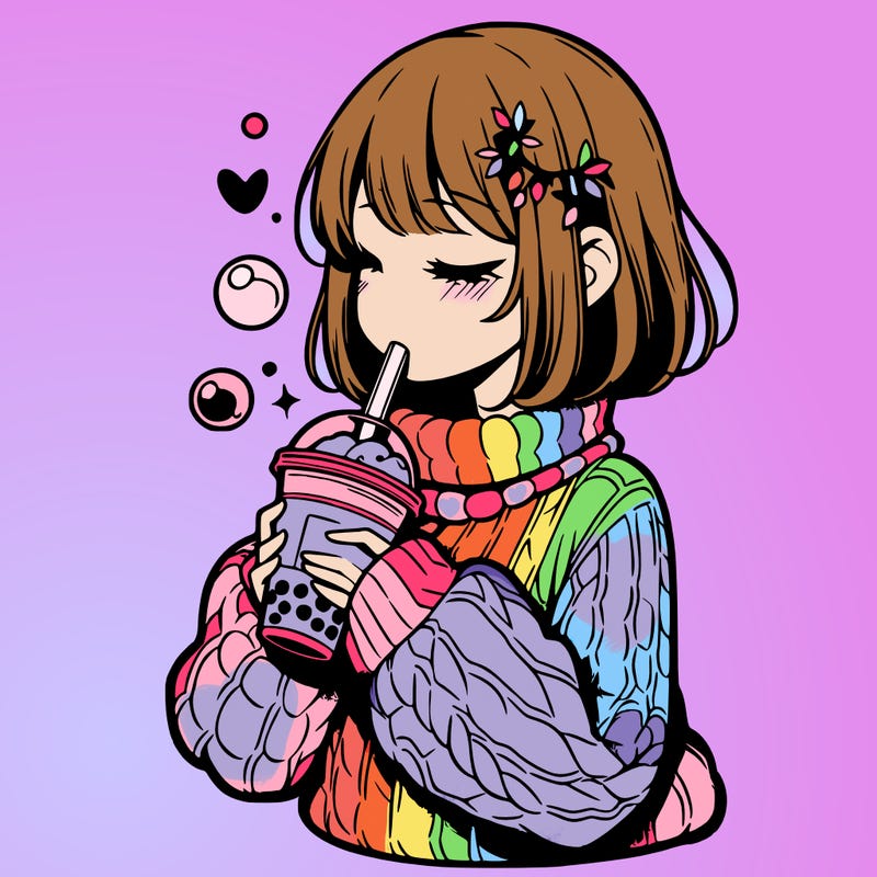 manga girl drinking boba in cozy sweater