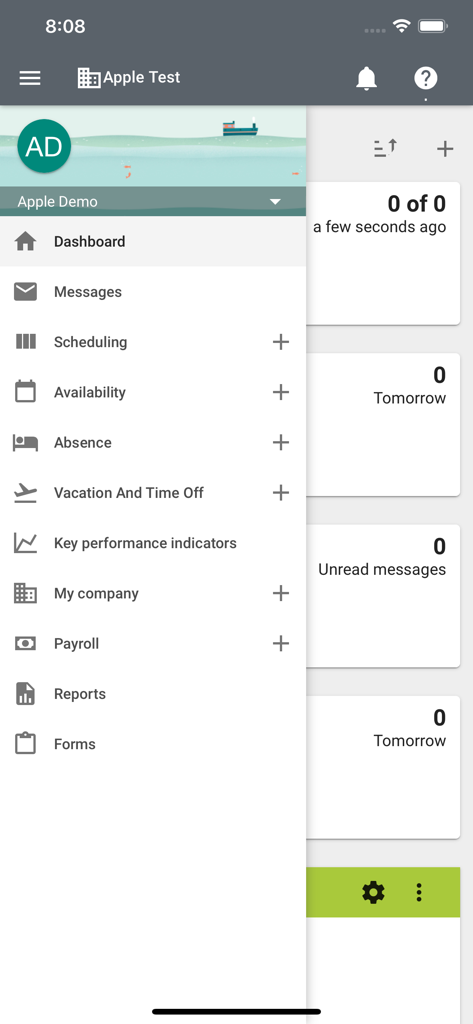 Menu de navigation de l'application mobile easy at work montrant les options de planification, de paie et de congés