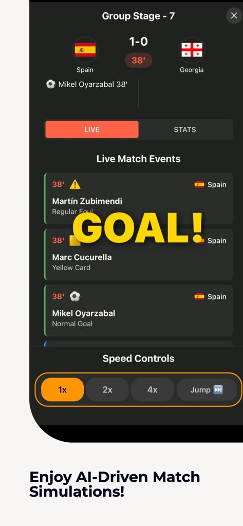 FutPre – AI Football Tips - FutPre app interface showing an AI driven soccer match simulation with live events and goal alerts.