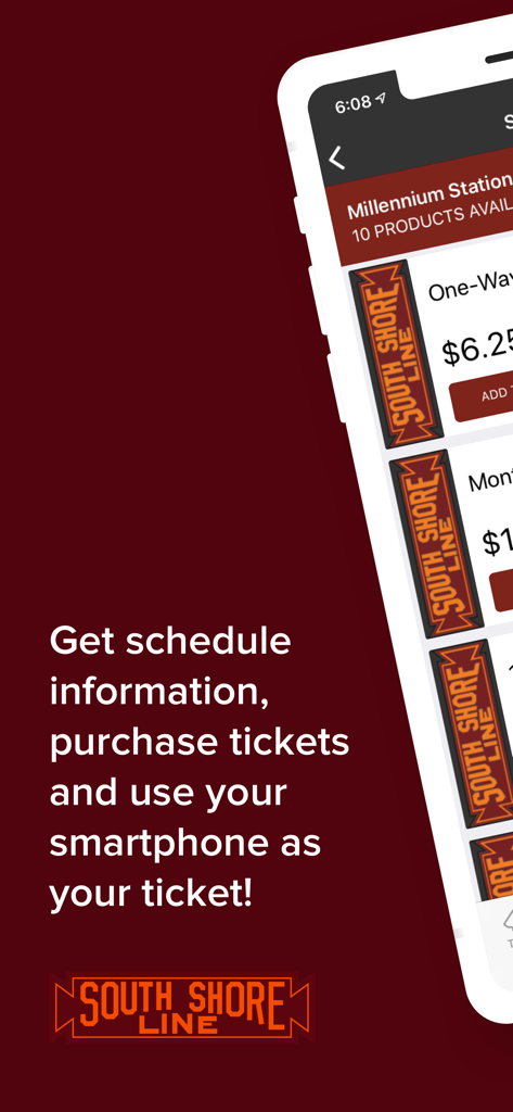 South Shore - Smartphone screen showing South Shore Line app features for ticket purchasing and schedule information