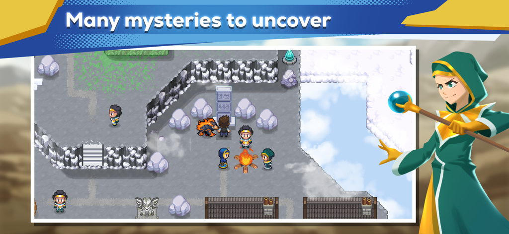 EvoCreo2: Monster Trainer RPG - Una captura de pantalla del juego EvoCreo 2 mostrando personajes pixel art alrededor de una fogata con una ilustración de personaje y el texto "Muchos misterios por descubrir".