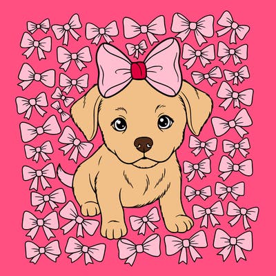a cute puppy with a ribbon bow on the puppy’s head with smaller ribbon, bows filling in the background
