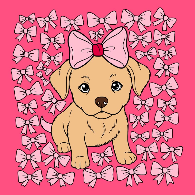 a cute puppy with a ribbon bow on the puppy’s head with smaller ribbon, bows filling in the background