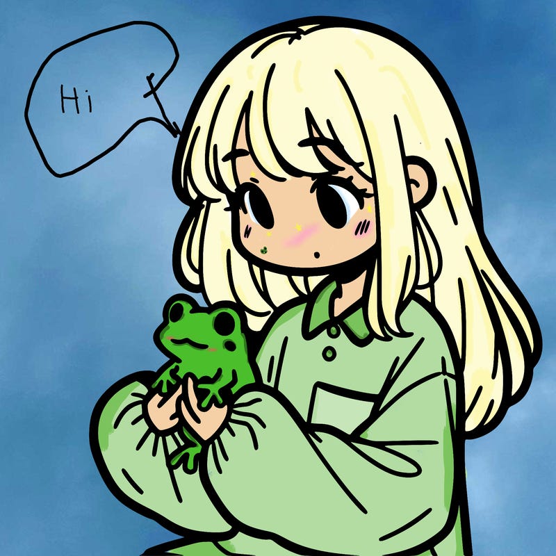 girl with long hair and a oversized shirt. and she is holding a frog