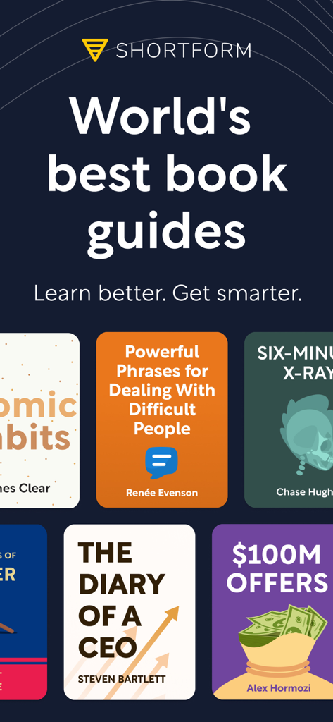 Shortform Daily Book Summaries - Shortform app home screen featuring world best book guides and popular summaries like Atomic Habits and The Diary of a CEO
