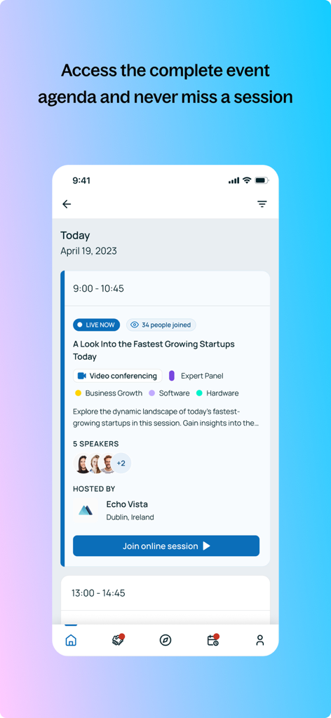 Interface of b2match app displaying a live event agenda session with speakers and a join button