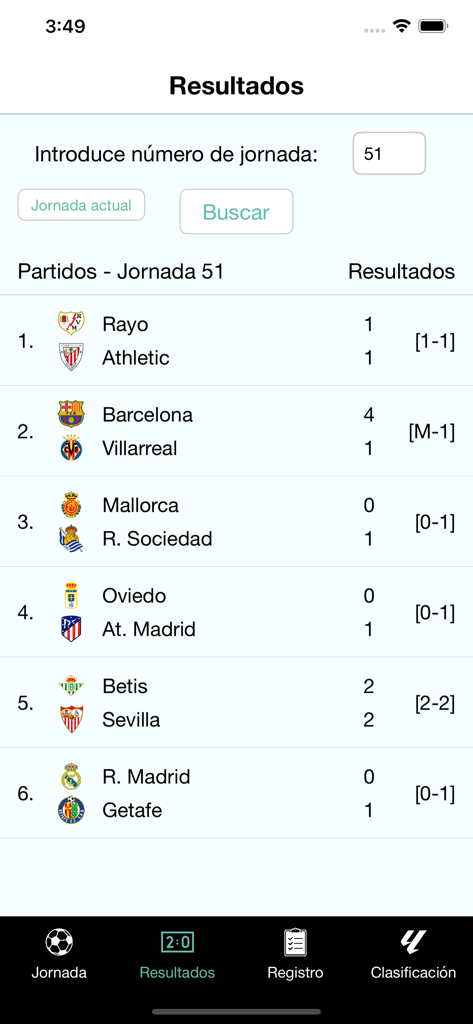 iQuinigol - Interface of iQuinigol app showing results for Spanish football matches in matchday 51