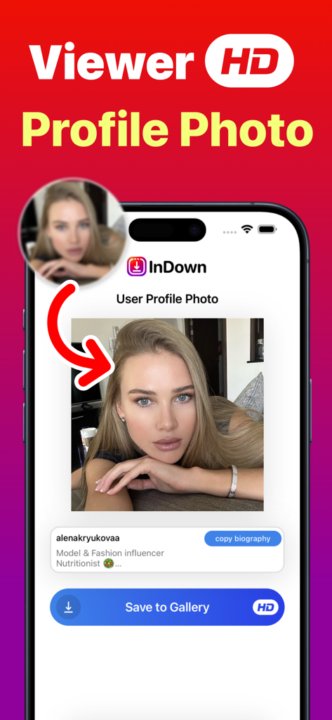 InDown・Reels Video Story Saver - InDown app interface showing HD profile photo viewer and save to gallery button