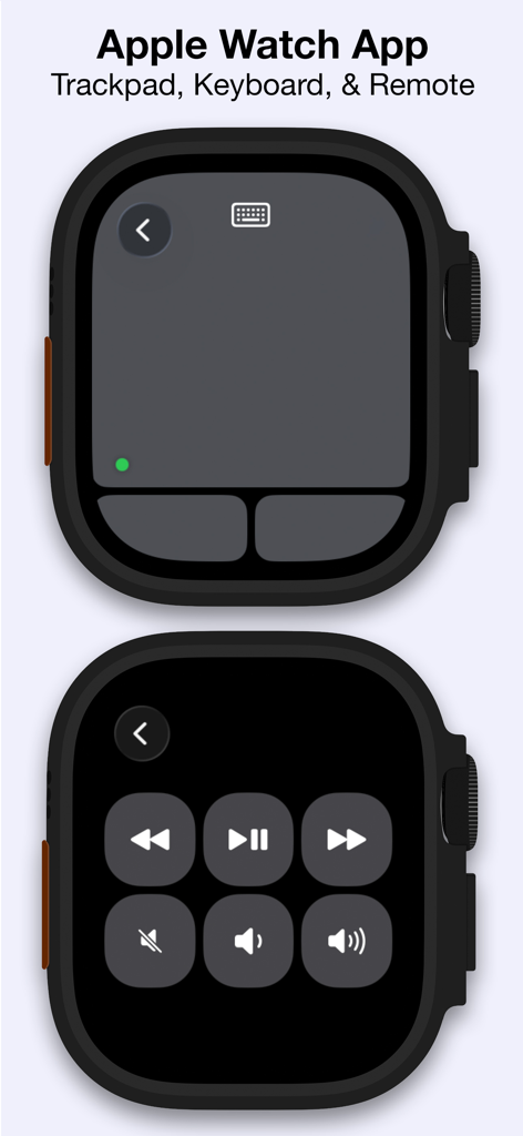 Interfaz de la aplicación Apple Watch para Mobile Mouse USB Remote con trackpad y controles multimedia