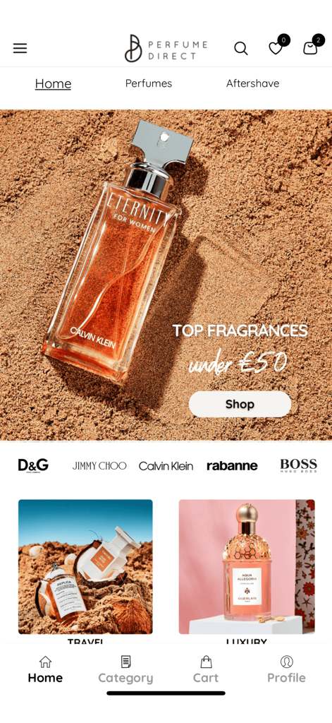 Perfume Direct app home screen featuring top designer fragrances under 50 pounds