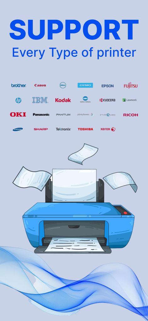 Smart Printer : Scanner App - Una ilustración de una impresora azul con varios logotipos de marcas como HP, Canon y Epson, mostrando compatibilidad universal con impresoras.