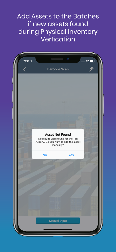 mAssetTag app screen prompt to manually add a new asset during inventory verification