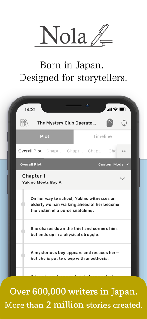 Nola: Story Planner & Writing - 詳細なチャプタープロットアウトラインとストーリーテリング構造を持つNolaアプリインターフェースを表示するスマートフォン
