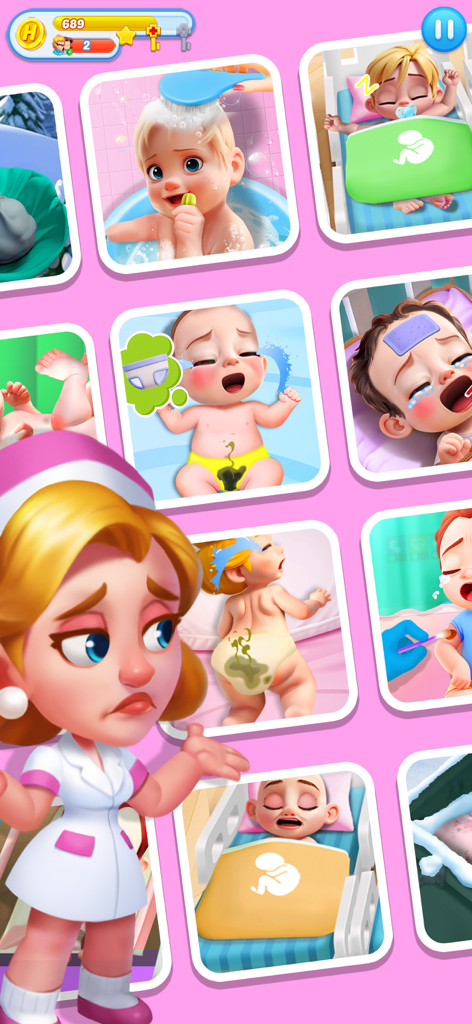 Happy ASMR Hospitalの看護師キャラクターと様々な赤ちゃんの医療ケアのシナリオのゲームプレイコラージュ