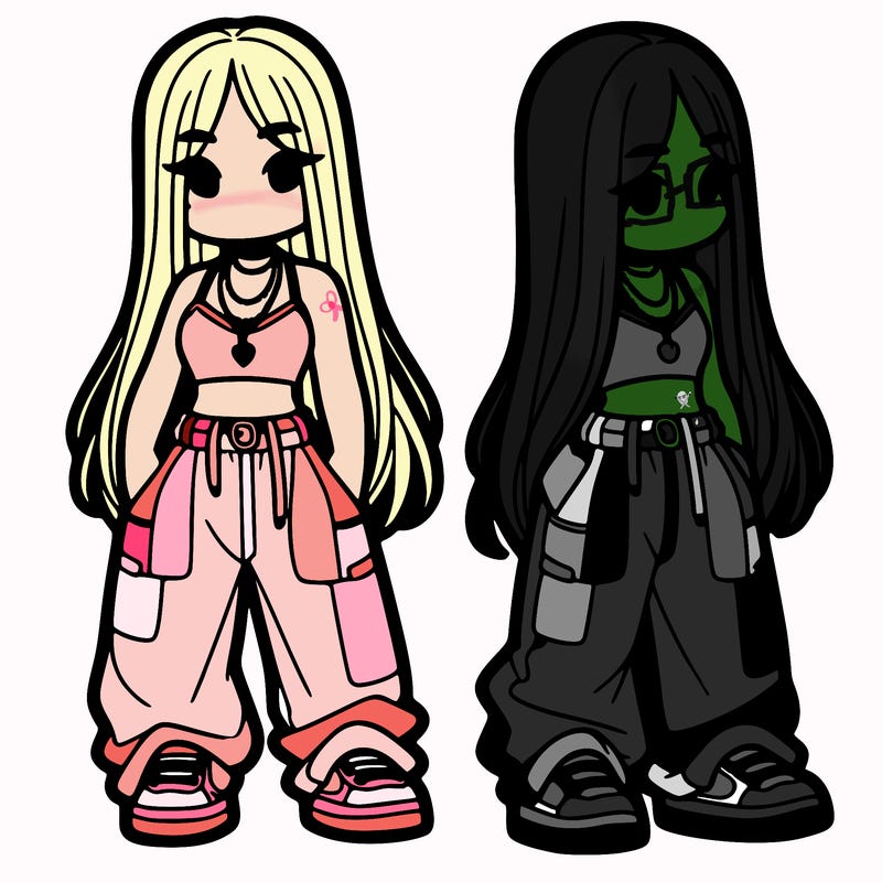 girl in baggy pants crop top and long hair