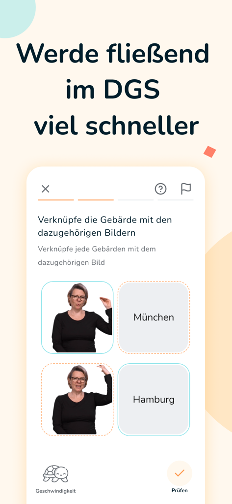 사용자가 뮌헨 및 함부르크와 같은 도시 이름에 대한 독일 수화 시연을 일치시키는 yoDGS 앱의 퀴즈 인터페이스.