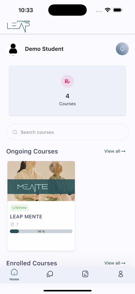 LEAP FIT - LEAP FIT mobile app dashboard showing ongoing mindfulness courses and user progress